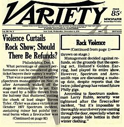 Aerosmith with special guest Golden Earring show review for November 25, 1978 Philadelphia - The Spectrum Variety Magazine December 06 1978